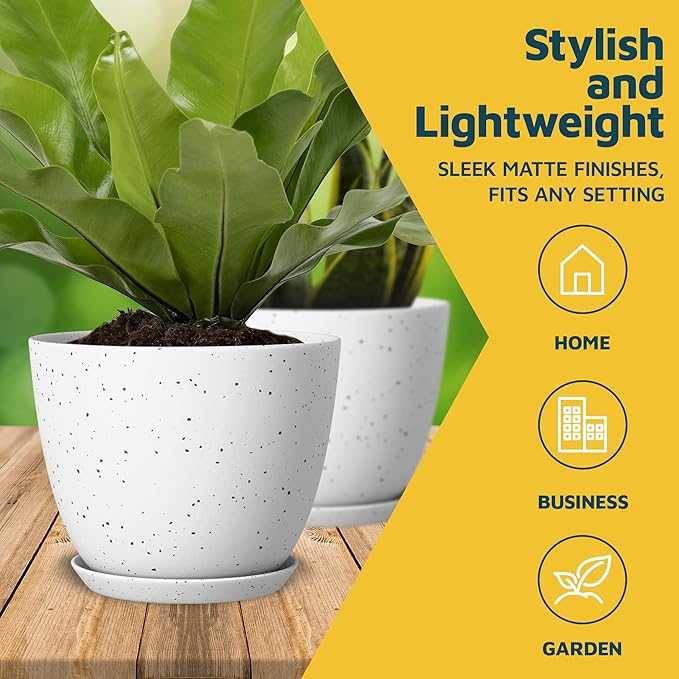 White Grey Plant Pots with Drainage Holes & Saucers 3 Pack, Indoor & Outdoor Stackable Space-Saving Planters for Houseplants & Flowers, (7", 6.7", and 6" Inches), Durable & Weatherproof Materials