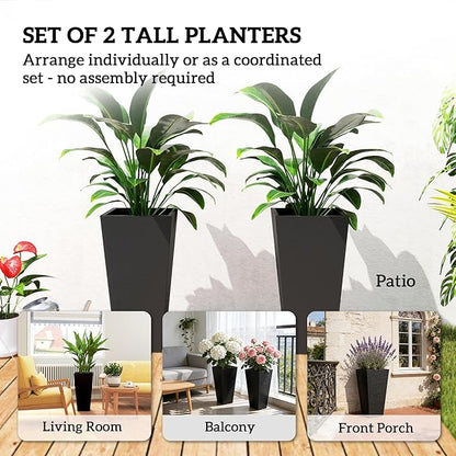 Outsunny 23 Inch Tall Planters for Outdoor Plants, Set of 2 Plastic Flower Pots, Weather and UV Resistant Stackable Tapered Large Planters for Front Door Patio Garden Use, Black
