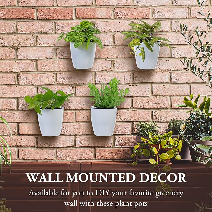 MyGift 5 Inch Wall Mounted Modern White Plastic Self Watering Planter Pots, Small Hanging Double Layer Wall Planter, Tabletop Mini Plant Container for Herb Succulent Cactus Flower, Set of 4