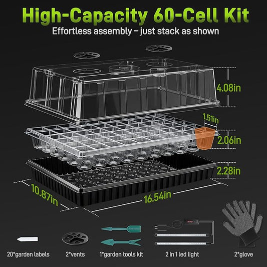 60-Cell Seed Starter Tray with Grow Light, Seedling Starter Trays with 4.08" Humidity Dome, Self-Watering Plant Germination Trays,Seed Starter Kit for Seeds Growing (Black)