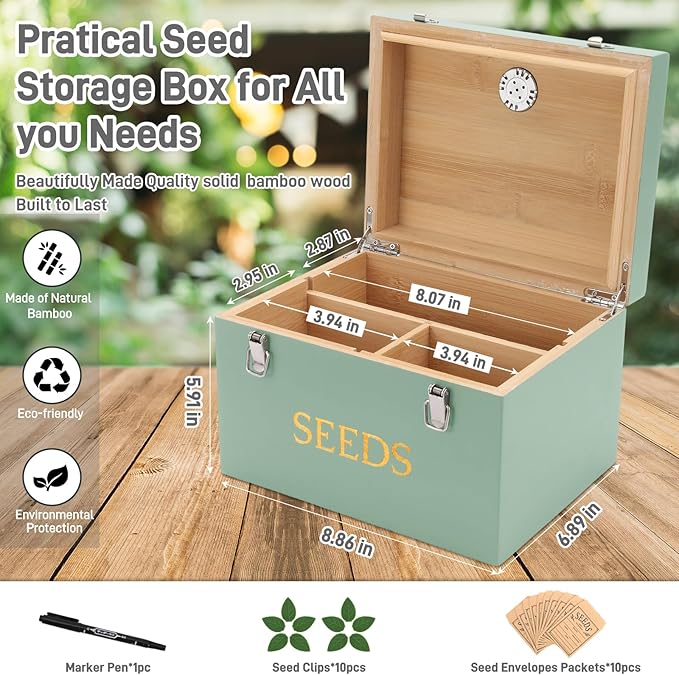 Professional-Designed Bamboo Seed Storage Box with Built-in Hygrometer, Double-Layer Airtight Lid and Safety Lock, Temperature-Stable Wooden Seed Organizer for Preservation, Great Gifts for Gardener