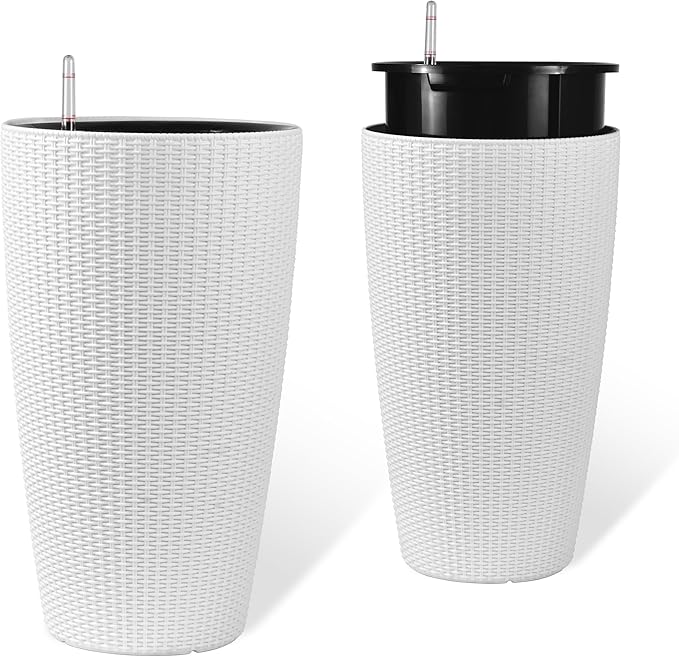 22" Tall Planter Set of 2, Large Self Watering Pots for Indoor/Outdoor Plants with Drain Holes, Water Level Monitor, Inner Bucket for Front Porch Patio, White Rattan Conical