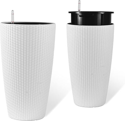 22" Tall Planter Set of 2, Large Self Watering Pots for Indoor/Outdoor Plants with Drain Holes, Water Level Monitor, Inner Bucket for Front Porch Patio, White Rattan Conical
