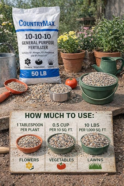 10-10-10 General All Purpose Fertilizer for Flowers and Vegetable Beds - Raised Garden Beds - Safe for Fruits, Lawns, Grass - Promotes Soil Heath and Growth - 50 Pound Bag