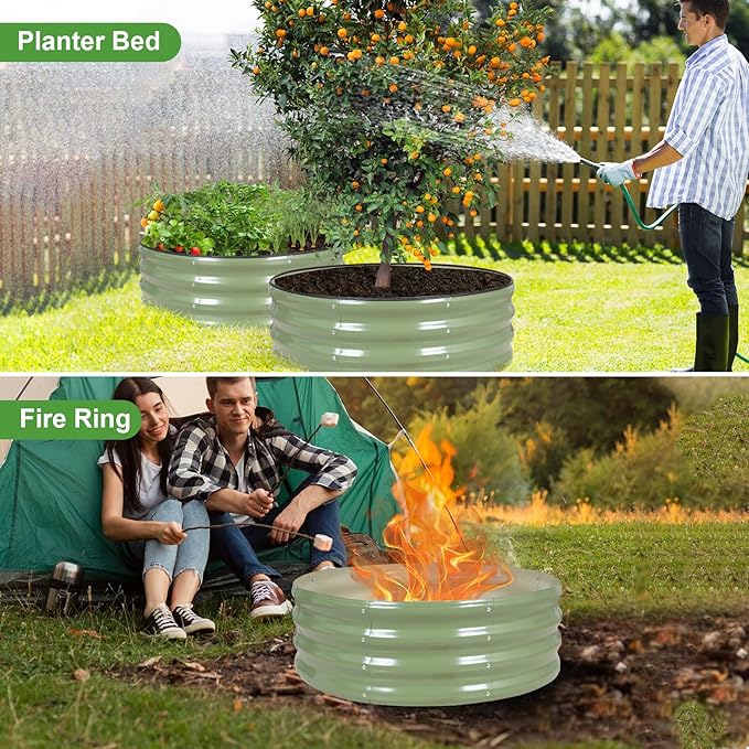 Galvanized Raised Garden Bed- 2Pcs 3x3x1FT Metal Planter Boxes Outdoor | Round Steel Raised Bed Kit & Fire Pit Ring for Gardening with Protective Tape, Gloves for Vegetables, Flower (Green)