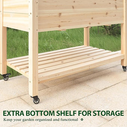 48x24x33in Raised Garden Bed Featuring Legs, Outdoor Elevated Wood Planted Box Equipped with Wheels & Shelf for Vegetable, Flower, Backyard and Patio, Natural