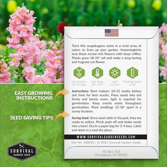 Survival Garden Seeds - Snapdragon Tetra Mix Seed for Planting - 3 Packs with Instructions to Plant and Grow Beautiful Colorful Flowers in Your Home Vegetable Garden - Non-GMO Heirloom Variety