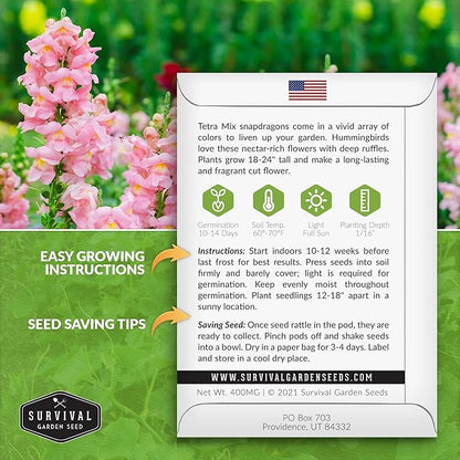 Survival Garden Seeds - Snapdragon Tetra Mix Seed for Planting - 2 Packs with Instructions to Plant and Grow Beautiful Colorful Flowers in Your Home Vegetable Garden - Non-GMO Heirloom Variety