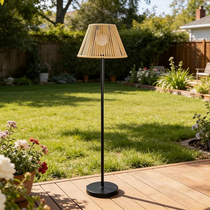 46" Solar Outdoor floor lamps for Patio Decor. Rattan Wicker Lights,Hand Woven Lamp Stable MetalLanterns Outdoor Waterproof Rechargeable,Ideal for Gardens, Yards, Pathways, Driveways and Porches.