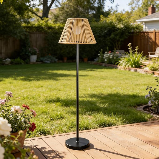 46" Solar Outdoor floor lamps for Patio Decor. Rattan Wicker Lights,Hand Woven Lamp Stable MetalLanterns Outdoor Waterproof Rechargeable,Ideal for Gardens, Yards, Pathways, Driveways and Porches.