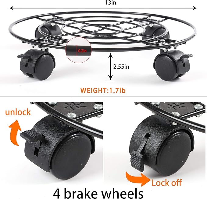 Plant Caddy with Wheels Heavy Duty Metal Iron Large Potted Plant Stand Holder Move Around Indoor Outdoor Garden Patio Flower Pot Planter Adjustable Rolling Dolly Casters with Locking Black 13 Inches …