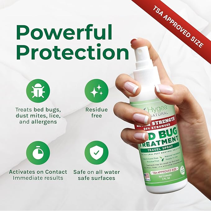 Hygea Natural Extra Strength Bed Bug Killer & Mite Travel Spray,TSA Approved Size, Child & Pet-Friendly, Stain & Odor Free, for Hotel, Suitcase, Backpack, Shoes, 66% Stronger Natural Formula(3oz)