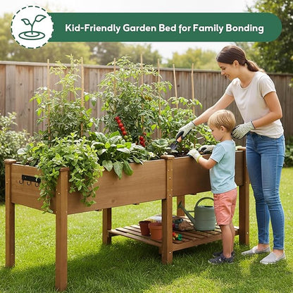 PetsCosset Raised Garden Bed with Legs, Wood Elevated Planter Box with Storage Shelf & Bed Liner, Hanging Hooks for Vegetables Flowers Herbs, Outdoor Patio & Backyard Use