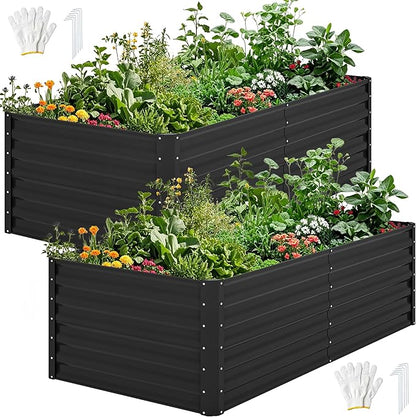 DWVO 2pcs 6 x 3 x 2 FT Raised Garden Bed Kit, Outdoor Galvanized Flower Bed with Gloves, Large Metal Planter Box for Vegetables, Flowers, Herbs, Fruits, Black
