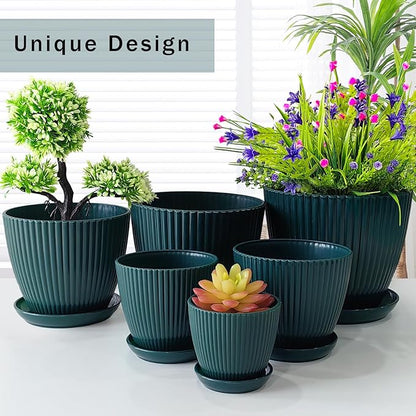 7.5/6.5/5.5/4.9/4.2/3.5 Inch Plant Pots with Saucers & Drain Holes - Indoor/Outdoor Flower Pots for Succulents, Herbs, Cactus - Modern Lightweight Durable Planter Set, Dark Green