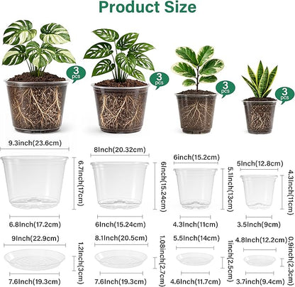 12 Pack 10/8/6/5 Inch Reinforced Large Clear Nursery Pots with Sacuers, Transparent Variety Pack Plastic Plant Pot with Drainage Holes for Vegetable Propagation, Root Cutting, Seed Starting