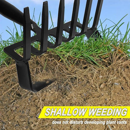 8-Tines Rake and Stirrup Hoe - Adjustable Long Handle Scuffle Loop Action Hoe for Weeding, Digging, Loosening Soil, Stainless Steel Tiller Cultivator for Gardening, Raised Flower Beds Planting.