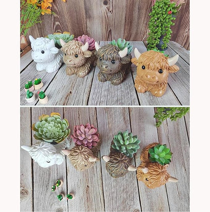 Resin Highland Cow Figurines Succulent Planters Cactus Pot Animal Flower Container Cute Scottish Highland Cow Decor Flower Pot Plants Holder Figurine Decor Calf Statues Gift for Cow Lovers (C, 1PCS)