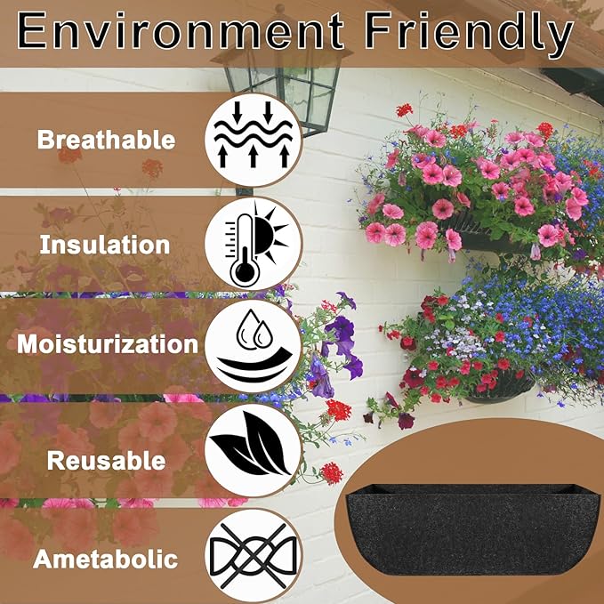 2-Pack 24in Planter Liners - Breathable Felt Hanging Basket and Window Box Liners - Prevent Root Suffocation and Bird Damage - Black