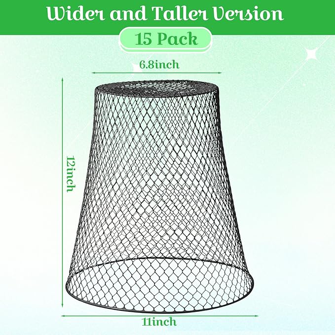 Therwen 15 Pcs Large Chicken Wire Cloche Plant Protector Cover 11x12 Inch Metal Garden Cloche Dome for Plants Wire Protection Basket with Garden Stakes Plant Cages from Animals (Silver)
