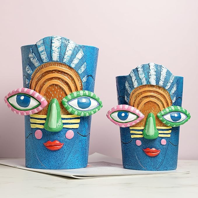 Picasso Blue Face Planter Pots Abstract Art Colorful Funky Plant Pots with Facial Expressions Unique Head Planter for Indoor Plants Home Decor (Large)