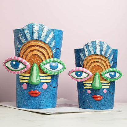 Picasso Blue Face Planter Pots Abstract Art Colorful Funky Plant Pots with Facial Expressions Unique Head Planter for Indoor Plants Home Decor (Large)