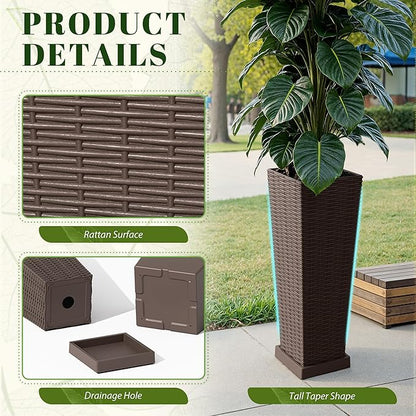JUMMICO Set of 2 Resin Rattan Tall Planters for Outdoor Plants, Large Tapered Planters with Drainage Holes, Inner Trays and Outer Saucers, Flower Pots for Garden, Patio, Porch, Backyard (Brown, 24")