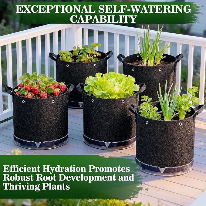 5 Pack 7 Gallon Self-Watering Grow Bags, Thick Nonwoven Fabric Pots with Support Rings and Reinforced Handles, Self-Watering Planters with Bottom Reservoir for Tomatoes Peppers Potatoes and Vegetables