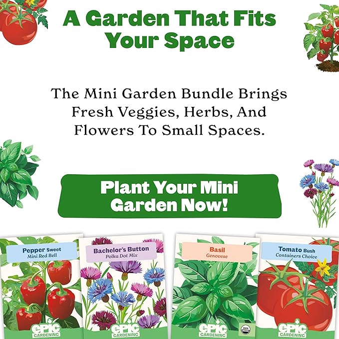 Epic Gardening Mini Garden Seed Kit - 4 Varieties for Small-Space Gardening, Includes Tomatoes, Peppers, Basil & Flowers, Perfect for Urban Gardening in Containers or Indoors, Non-GMO Seeds