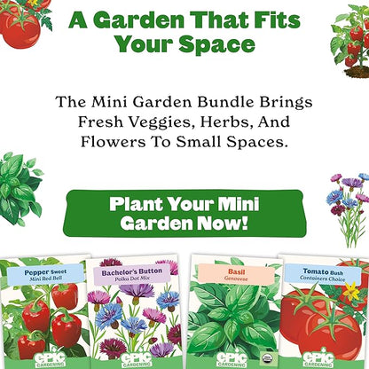 Epic Gardening Mini Garden Seed Kit - 4 Varieties for Small-Space Gardening, Includes Tomatoes, Peppers, Basil & Flowers, Perfect for Urban Gardening in Containers or Indoors, Non-GMO Seeds
