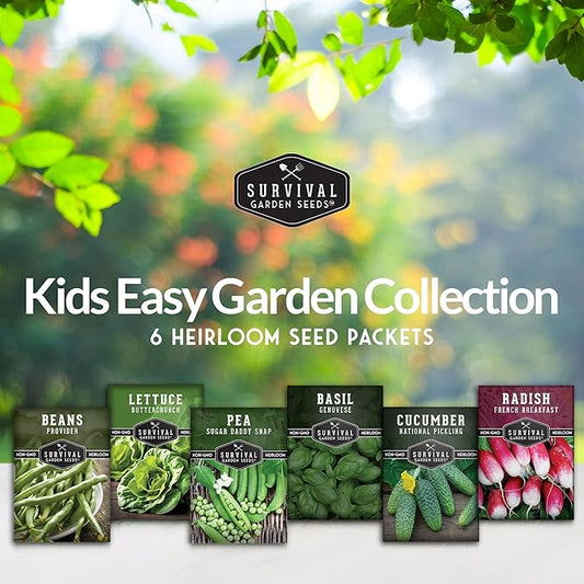 Survival Garden Seeds Kids' Easy Garden Collection - Cucumber, Radish, Beans, Peas, Lettuce, Basil Non-GMO Open Pollinated Seeds for Growing on The Homestead or in The Vegetable Garden