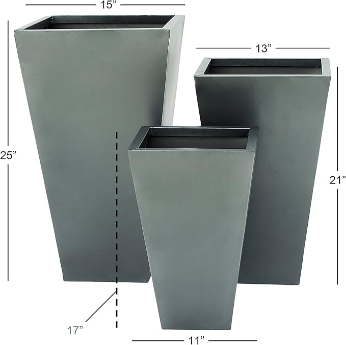 Deco 79 Metal Indoor Outdoor Planter Light Weight Large Planter Pot with Tapered Base and Polished Exterior, Set of 3 Planters 17", 21", 25"H, Gray
