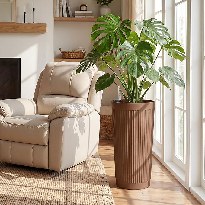 Set of 2 Tall Self-Watering Planters, 24" Large Planters with Water Level Indicator for Indoor & Outdoor Plants, Modern Planters for Garden, Patio, Balcony, Porch, Terracotta