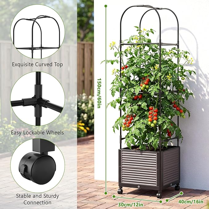 DoCred 60" H Raised Garden Bed Planter Box with Wheels, 4 Pack Tomato Cage Planter Raised Garden Bed with Trellis for Climbing Vegetables Plants Tomato Cage, Indoor Outdoor Use