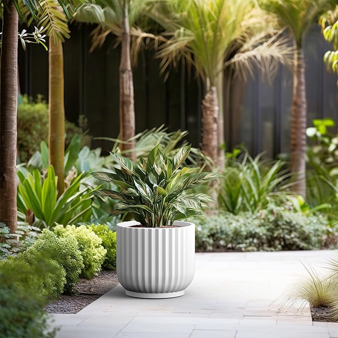 Kante Round Fulted Planter, 16.7 Inch Dia Large Concrete Plant Pots with Drainage Hole and Rubber Plug, Modern Decor for Indoor Outdoor Plants, Flower, White