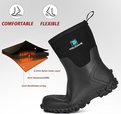 Trudave Rubber Boots for Men, 6mm Neoprene Insulated Mud Boots with Steel Shank, Men's Mid Calf Waterproof Rain Boots,Anti-Slip Rubber Work Boots for Farming Gardening Fishing,Size 7-13