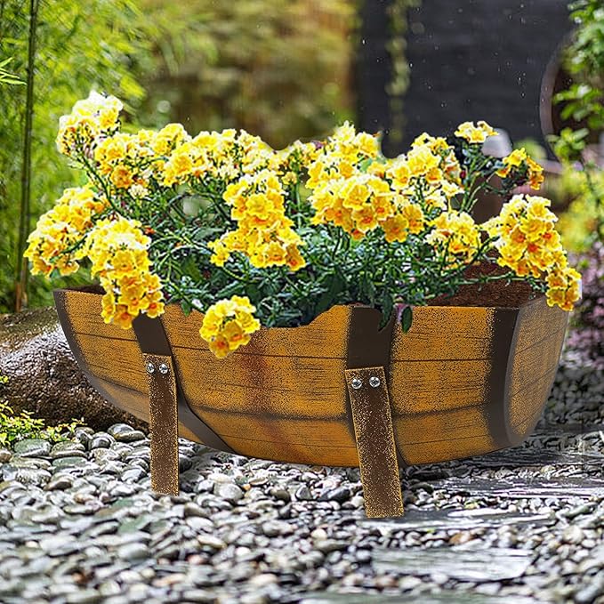 15.43In 2 Pack Rustic Barrel Planters, Decorative Outdoor Garden Backyard Planter with Legs, Metal Flower Pot Half Barrel Planter Box, Brown