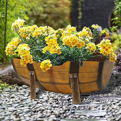 15.43In 2 Pack Rustic Barrel Planters, Decorative Outdoor Garden Backyard Planter with Legs, Metal Flower Pot Half Barrel Planter Box, Brown