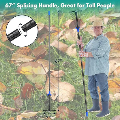 Rake, Leaf Rake with Expandable Head,18 Teeth, Adjustable 53 Inch Long Handle, 17 Inch Wide, Heavy Duty Collapsible Yard Rakes for Lawn Flowers Beds Gardening