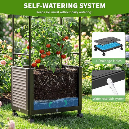 DoCred 60" H Raised Garden Bed Planter Box with Wheels, 3 Pack Tomato Cage Planter Raised Garden Bed with Trellis for Climbing Vegetables Plants Tomato Cage, Indoor Outdoor Use