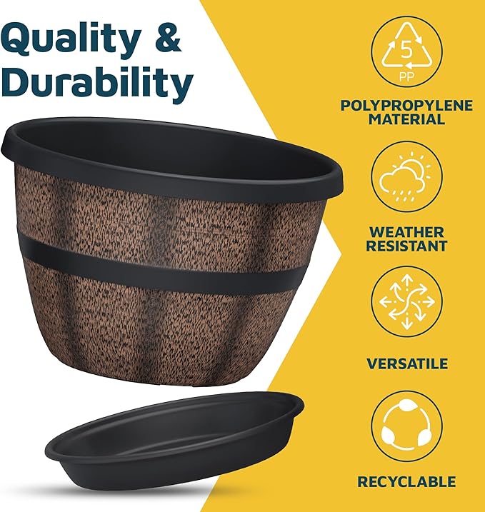 10-Inch Whiskey Barrel Planters Outdoor Pack of 3, Plastic Decoration Plant Pots for Indoor & Outdoor Use with Drainage & Saucer, Rustic Garden Planters for Flowers, Small Plants & Herbs