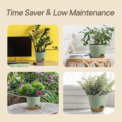 Green Self Watering Pots 10 Pack, Indoor and Outdoor Plant Pots with Wick Rope & Drainage Holes, Easy Watering Lip, Lightweight Plastic Self Watering Planter for Succulents, Houseplants, and Herbs