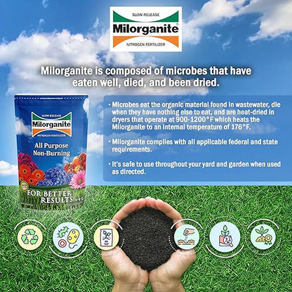 Milorganite All-Purpose Eco-Friendly Slow-Release Nitrogen 6-4-0 Fertilizer, 5 Pound Bag - for Lawns, Flowers and Gardens