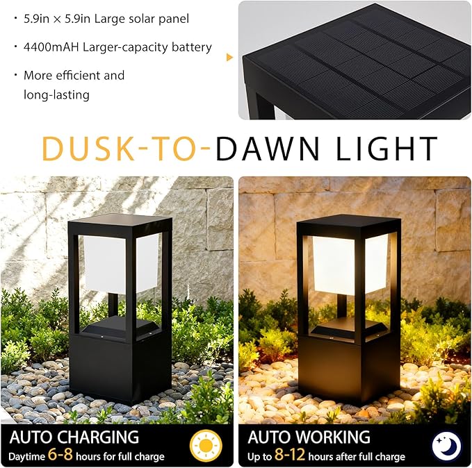 Solar Bollard Lights Outdoor, Premium Modern Led Landscape Pathway Lights Waterpoorf, Path Lighting for Garden Yard Walkway, 3CCT Seturable, Dusk to Dawn, Auto On/Off (2 Pack)