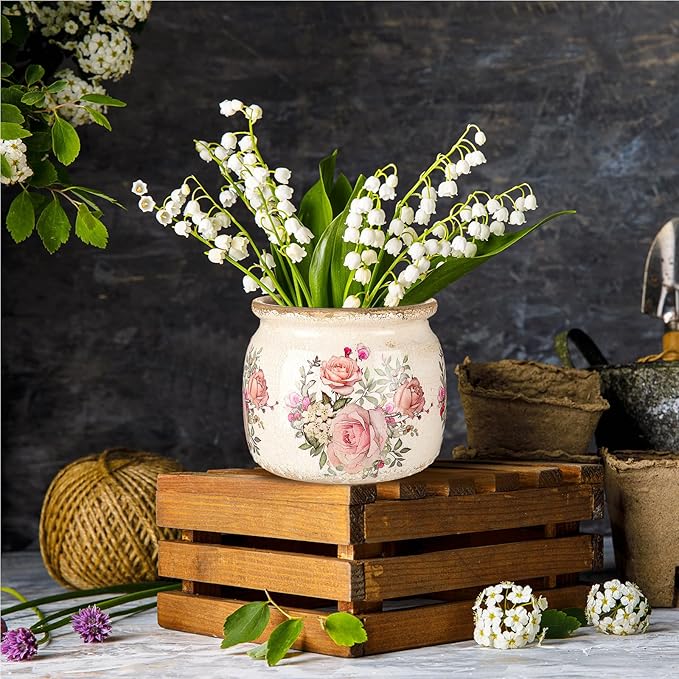 7.7" Large Ceramic Plant Pot Beige Pink Vintage Rose Crackle Glaze Rustic Flowers Pot Decorative Planter with Drainage for Indoor Outdoor Plants Home Kitchen Office Decor Gift