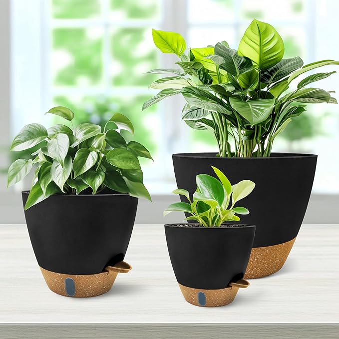 MNKXL 12"/10"/9"/8" Self Watering Pots with Visual Water Window,Extra Large Self Watering Plant Pots with Drainage Holes & Saucers,Black Planters for Indoor Plants,4-Pack