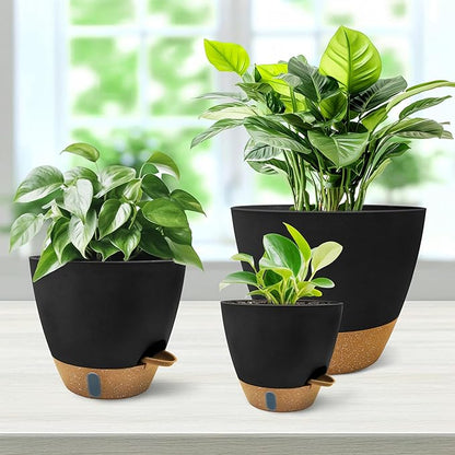 MNKXL 12"/10"/9"/8" Self Watering Pots with Visual Water Window,Extra Large Self Watering Plant Pots with Drainage Holes & Saucers,Black Planters for Indoor Plants,4-Pack