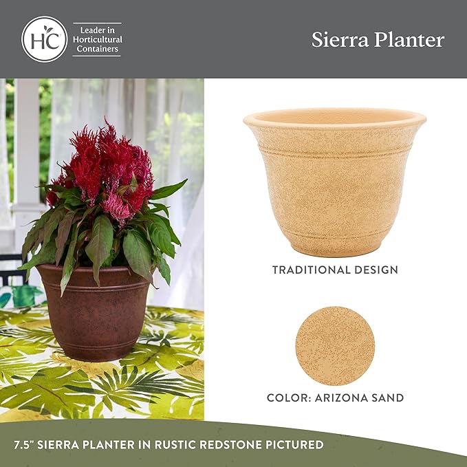 The HC Companies Sierra Round Self-Watering Pot - Lightweight Plastic Planter for Herbs & More - Durable Plant Pots for Indoor Plants & Outdoor Plants (16” Arizona Sand, Pack of 1)