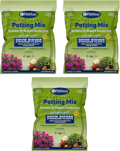 PittMoss Plentiful Eco-Friendly, Organic, Peat-Free Potting Mix, 1 Cubic Foot (Pack of 3) for Gardens, Houseplants, Mulching & More - Made in USA from Recycled Paper