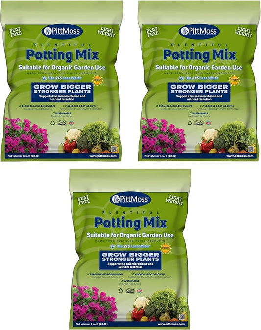 PittMoss Plentiful Eco-Friendly, Organic, Peat-Free Potting Mix, 1 Cubic Foot (Pack of 3) for Gardens, Houseplants, Mulching & More - Made in USA from Recycled Paper